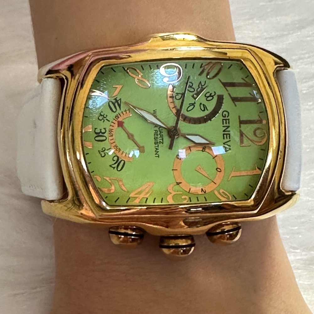 Geneva Gold and Green Chronograph Watch with White Band - Picture 1 of 11